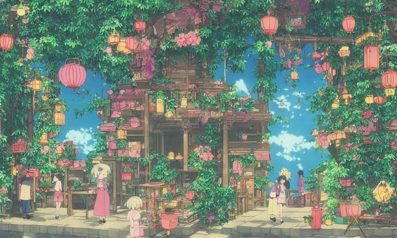 Prompt: A cute aesthetic still frame from an 80's anime, magic bookshop with lush plants, magic details, waterfall, lanterns
