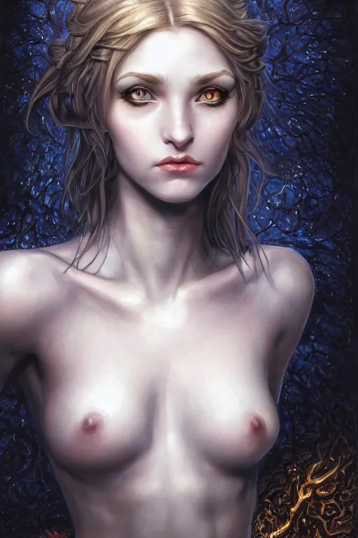 Image similar to high quality extremely detailed closeup portrait of a young attractive female necromancer looking away from the camera, realistic eyes, sparkle in eyes, no hands visible, fantasy, d & d, intricate, painting by lucian freud and mark brooks, hd