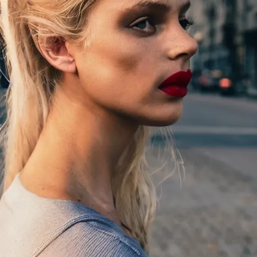 Prompt: photograph of an olive skinned blonde female model in her twenties, her hair pinned up, wearing a designer top, looking content, focused on her neck, photo realistic, luscious red lips, extreme detail skin, natural beauty, no filter, slr, golden hour, 8 k, high definition, selfie