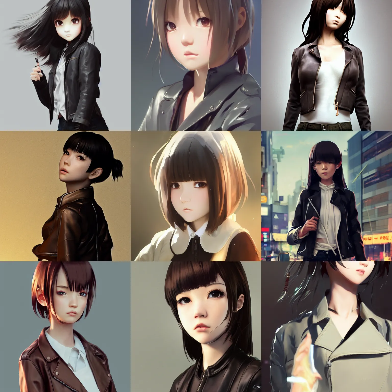 Prompt: clothed, worksafe. cgsociety, by wlop, ilya kuvshinov, krenz cushart, greg rutkowski, trending on artstation. zbrush sculpt, octane, maya, houdini, vfx. close - up face of a cute anime japanese filipino girl wearing leather jacket. cinematic dramatic atmosphere, sharp focus, volumetric lighting.