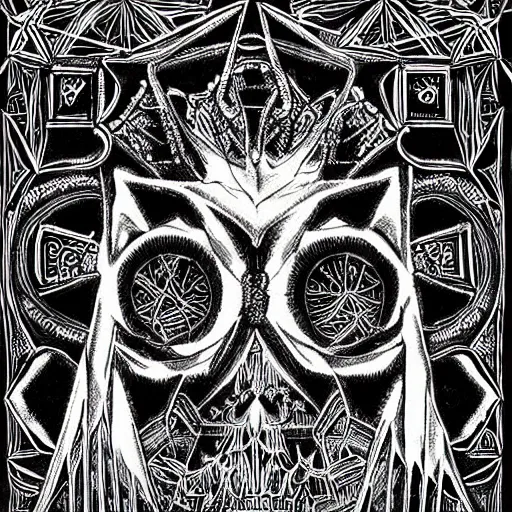 Prompt: Down with my demons black paper, an intricate old fashioned depiction, elaborate ink illustration, symmetry
