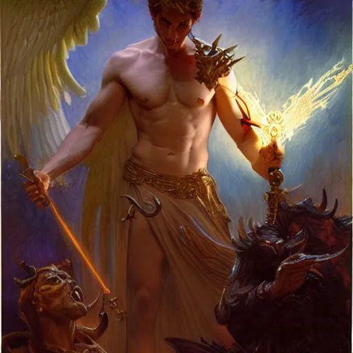 Image similar to attractive male lucifer morning star casting a spell summoning male demons. highly detailed painting by gaston bussiere, craig mullins, j. c. leyendecker, 8 k