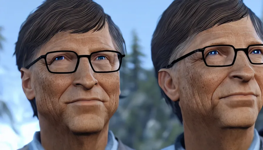 Prompt: character screenshot of bill gates, skyrim, enb, 4 k, bokeh