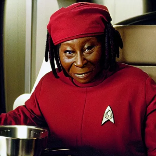 Image similar to guinan from star trek wearing random kitchen tools on her head on the starship enterprise, no hair, played by a middle aged whoopi goldberg