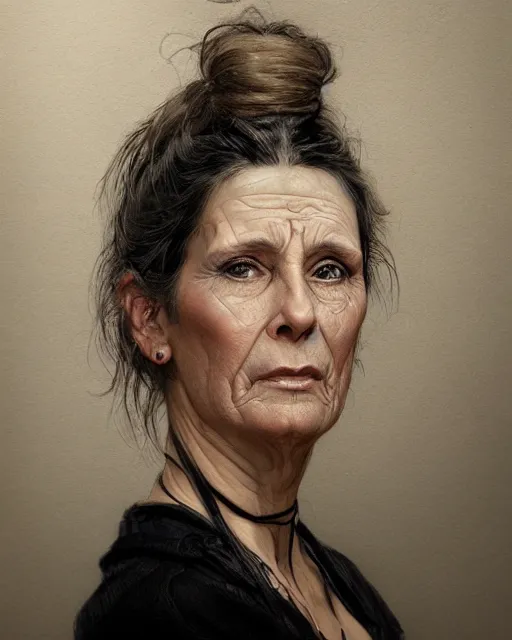 Prompt: portrait 6 0 - year - old woman, tall, severe - looking, with dark hair tied up in a bun, wearing in black clothes, hyper realistic face, beautiful eyes, fantasy art, in the style of greg rutkowski, intricate, alphonse mucha, hyper detailed, smooth