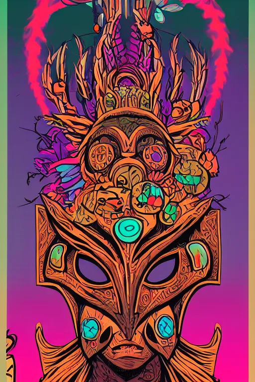 Image similar to animal mask totem roots flower tribal feather gemstone plant wood rock shaman vodoo video game vector cutout illustration vivid multicolor borderlands comics by josan gonzales and dan mumford radiating a glowing aura