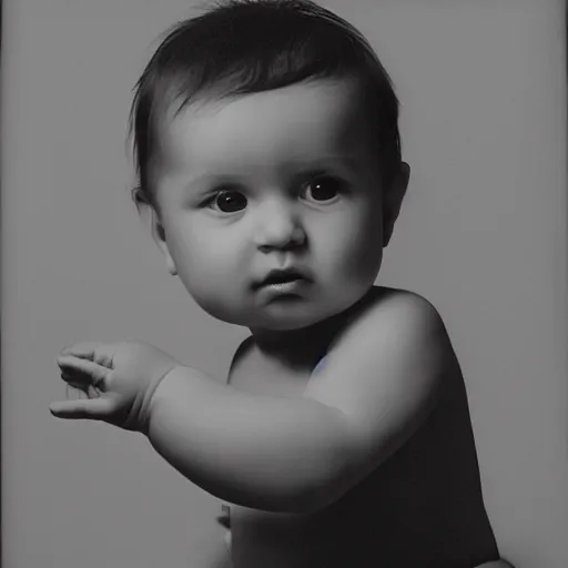 Image similar to gigachad as a baby, portrait, b&w, dramatic lighting