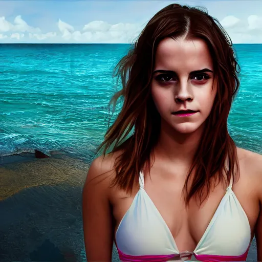 Image similar to Emma Watson in a bikini that looks like Eevee, hyper realistic, artstation, 8k resolution