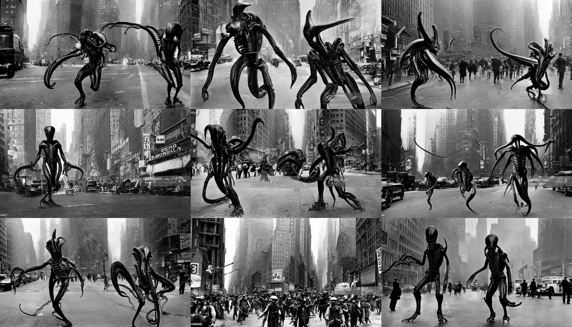 Image similar to old black and white photo, 1 9 1 3, depicting a xenomorph from the movie aliens rampaging through the bustling streets of new york city, historical record