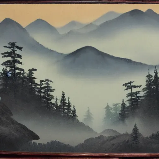 Prompt: mist - clad mountains with forest, yukio - e painting