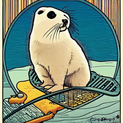 Prompt: baby harp seal, moon rise, illustration, pop art, splash painting, art by geof darrow, ashley wood, alphonse mucha