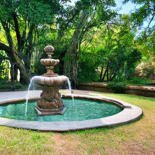 Prompt: tranquil painting of purple garden with green trees and a water fountain in the middle of garden, detailed, 8k, mesmerizing, low saturation, high resolution