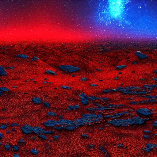 Image similar to an ocean, strange alien landscape, realistic, rocky, red and blue, blue particles, strange red particles, strange, alien - - style, realistic, landscape, depth, movie lightning, realistic epic shaders, landscape