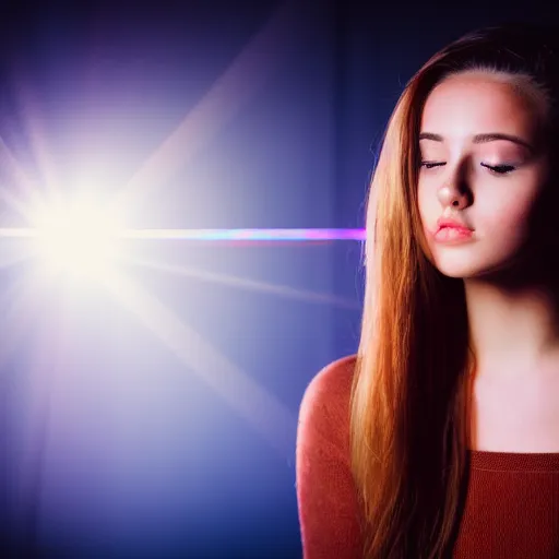 Image similar to professional studio portrait of a very beautiful young woman, lens flare, glow filter, dramatic lighting, cinematic, 5 0 mm f 1. 4 fuji 4 0 0 h