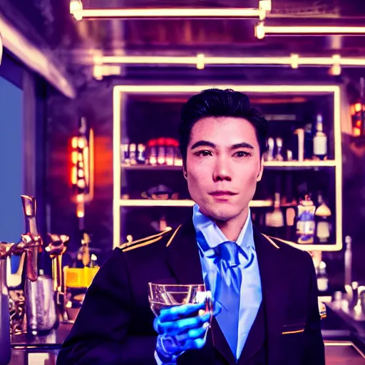 Image similar to portrait of a male bartender, chinese, cyborg, muscular, slick black hair, robotic arms, navy mao suit, light blue ascot, monocle, in a bar lit by gold and silver neon lights, john singer sargeant