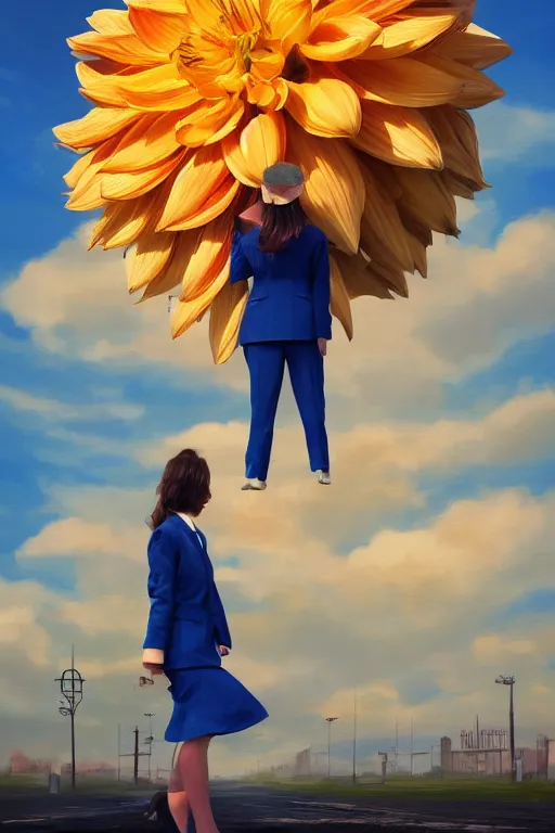 Image similar to closeup giant dahlia flower head, girl in a suit, street, surreal photography, blue sky, sunrise, dramatic light, impressionist painting, digital painting, artstation, simon stalenhag