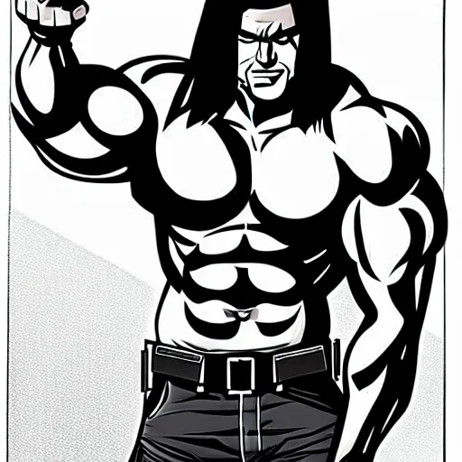 Prompt: muscular man, black vest open with no shirt underneath, cargo pants, ammo belt, holding a blaster, long black hair in a ponytail, five o' clock shadow, comic book art