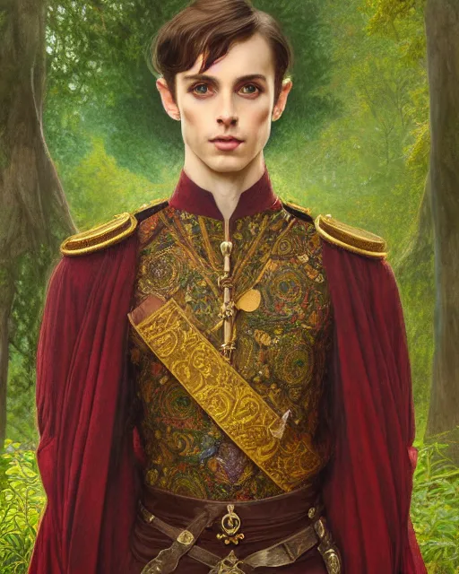 Image similar to symmetry portrait of welsh brunette prince in mans tunic, glam, fae, short hair, forest background, intricate, elegant, highly detailed, digital painting, artstation, concept art, smooth, sharp focus, illustration, art by artgerm and greg rutkowski and fra angelico and alphons mucha