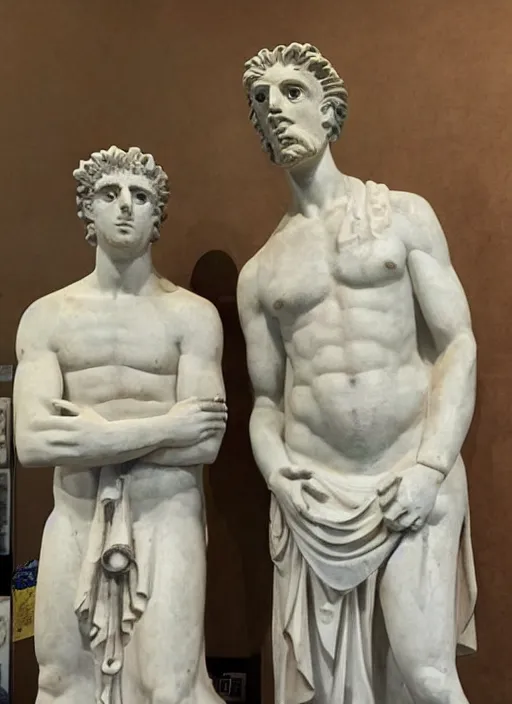 Prompt: ancient greek statue of Rick and Morty. There is a plaque at the base of the statue providing information.