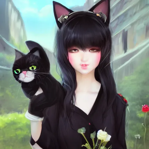 Image similar to realistic beautiful gorgeous natural cute fantasy girl black hair cute black cat ears beautiful eyes in maid dress art drawn full HD 4K highest quality in artstyle by professional artists WLOP, Taejune Kim, JeonSeok Lee, ArtGerm, Ross draws, Zeronis, Chengwei Pan on Artstation
