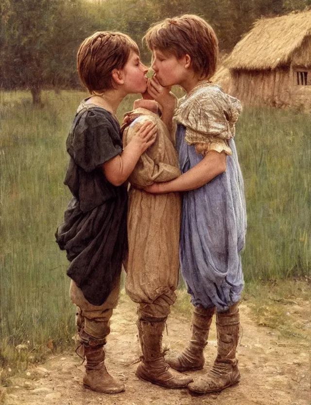 Image similar to peasant boy and girl first kiss, secretly on a village, Cinematic focus, Polaroid photo, vintage, neutral colors, soft lights, foggy, by Steve Hanks, by Serov Valentin, by lisa yuskavage, by Andrei Tarkovsky 8k render, detailed, oil on canvas