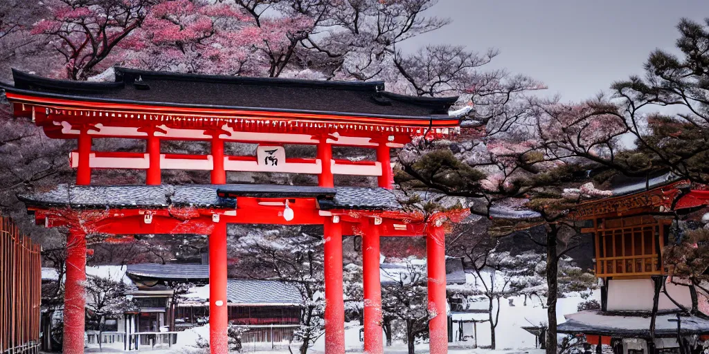 Image similar to a Japanese shrine, snowing, photograph, cyberpunk, sharp focus, intricate detail, drone shot, high resolution, 8k, neon streetlights, wires hanging down everywhere, Japan, colourful,,