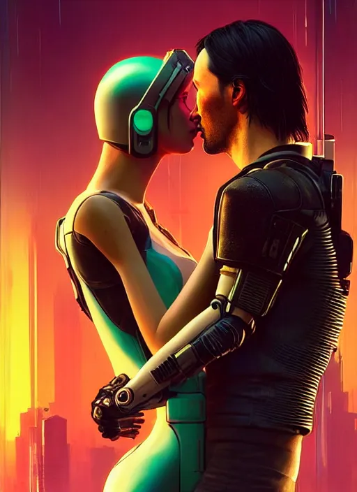 Image similar to a cyberpunk 2077 couple portrait of Keanu Reeves & female android in final kiss,love,film lighting,by Laurie Greasley,Lawrence Alma-Tadema,Dan Mumford,artstation,deviantart,FAN ART,full of color,Digital painting,face enhance,highly detailed,8K,octane,golden ratio,cinematic lighting