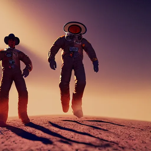 Prompt: apollo 8 cowboy earthrise cowboy in cowboy space, octane render, blender render, unreal engine, 3 5 mm, cowboy