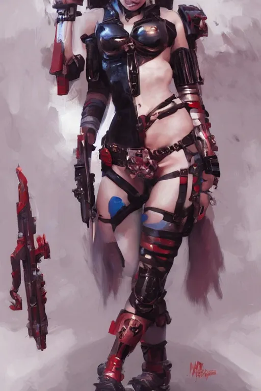Image similar to portrait of cute Harley Quinn in bikini armor, dc comics, cyberpunk, Warhammer 40000, dark fantasy, digital art from artstation by Ruan Jia and Mandy Jurgens and Artgerm and william-adolphe bouguereau