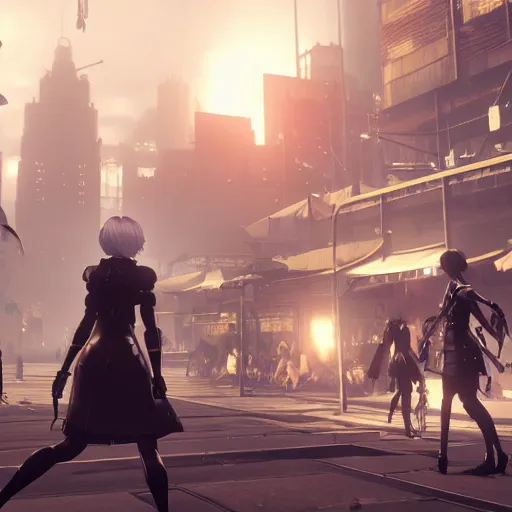 Image similar to Screenshot from Nier Automata in a bustling market