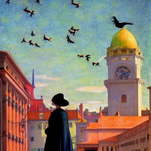 Image similar to a woman in a medieval city, a lots of crows, hyperrealistic film still by edward hopper, by gottfried helnwein, by klimt, by paolo uccello, art nouveau, highly detailed, strong lights, liminal, eerie, symbolist, bright pastel colors