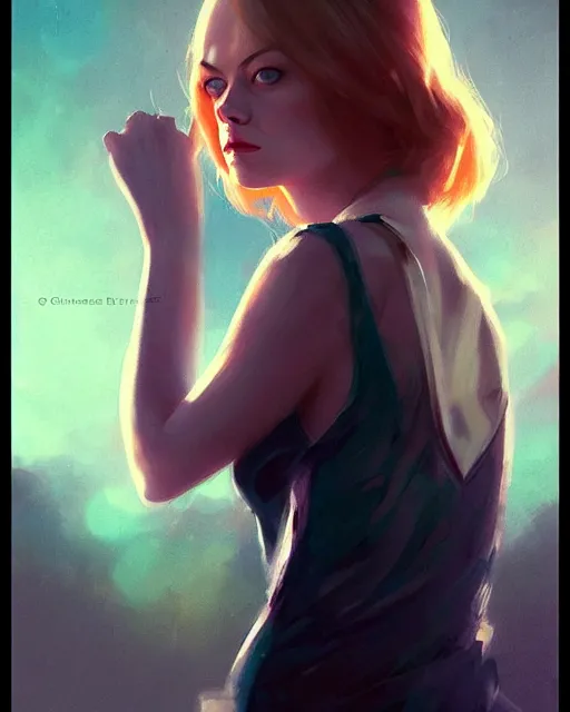 Image similar to emma stone lookalike portrait by greg rutkowski and charlie bowater, vivid, artgerm, aesthetic, fine details, colorful swirls, gaudy colors, luminescent, organic matte painting, realistic eyes, masterpiece, busy background, bokeh, depth of field