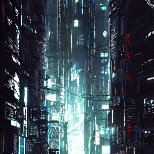 Image similar to Fully dark cyberpunk city with one building in the middle with only one window shining in style of Tsutomu Nihei. ArtStation, Cyberpunk, Vertical Symmetry, 8K, Highly Detailed, Intricate, Album Art.