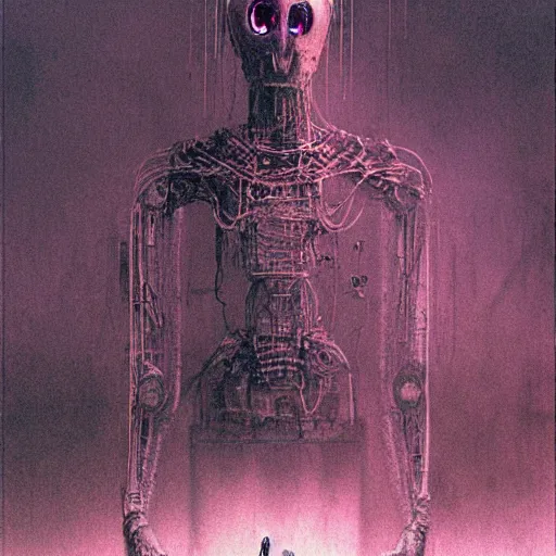 Image similar to robot ghost, glitch distortion, Unbearable Anxiety, by Stephen Gammell and Beksinski and Stalenhag.