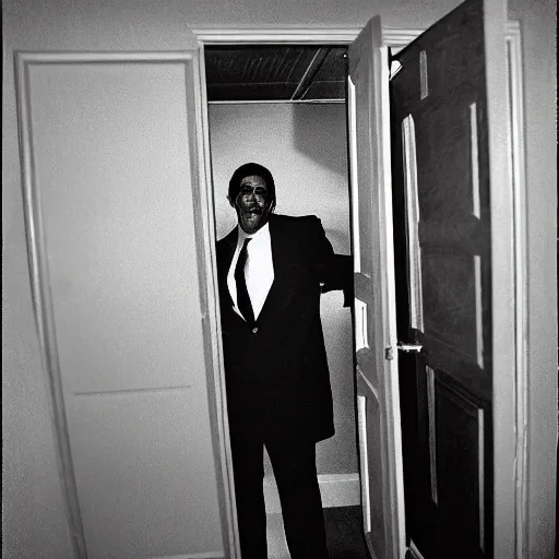 Prompt: grainy photo of julius erving as a creepy monster in a closet, harsh flash