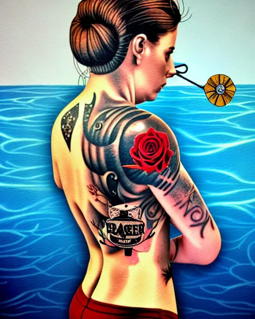 Image similar to diver with oxygen mask wearing blood and having tattoo of rose and a pistol with sea and ocean in the background intricate details with horror side profile by Sandra Chevrier