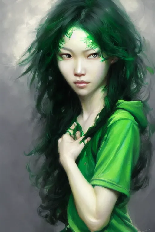 Image similar to an asian woman with emerald eyes and emerald hair that curls in the end, green aura, black hoodie, painting by daniel gerhartz, alphonse murac, detailed art, artstation