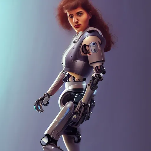 Image similar to full-body portrait of a young cyborg woman with robotic prosthetic arms and legs, digital art, artstation, 4k