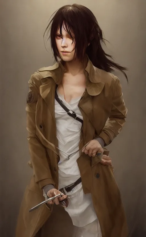 Prompt: upper body portrait of a girl from final fantasy live action, with short black hair and green eyes in a tan trenchcoat over a white shirt, award winning, masterpiece digital painting by greg rutkowski, alex grey, artstation, 4 k wallpaper,