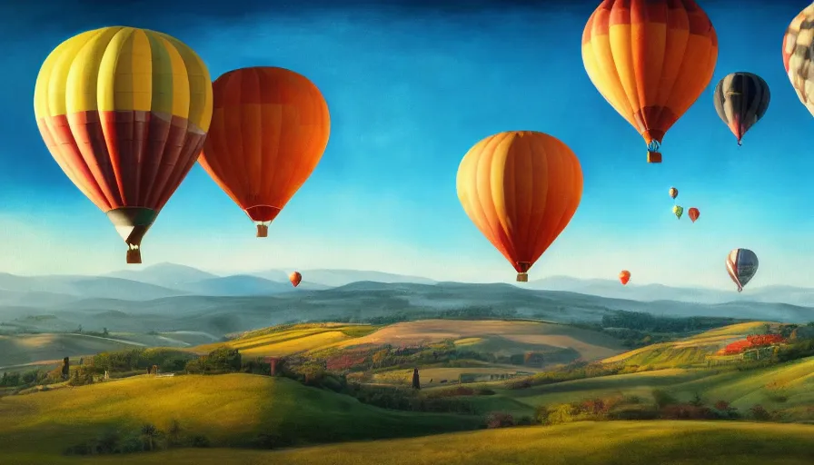 Image similar to a beautiful landscape painting, flying colorful hot air balloons, tuscany hills, by sam guay, moody lighting, hyperrealism, 4 k, octane render