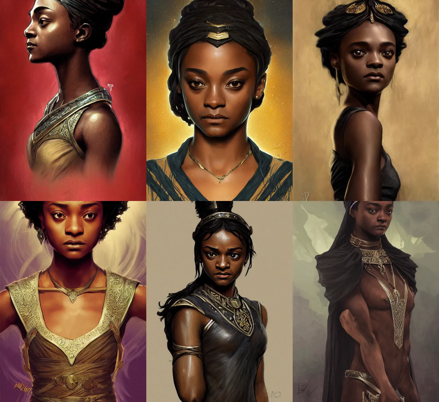 Prompt: black arya stark as nefertiti, intricate, elegant, highly detailed, digital painting, artstation, concept art, smooth, sharp focus, illustration, art by rutkowski, aleksi briclot, mucha, orientalism, bouguereau