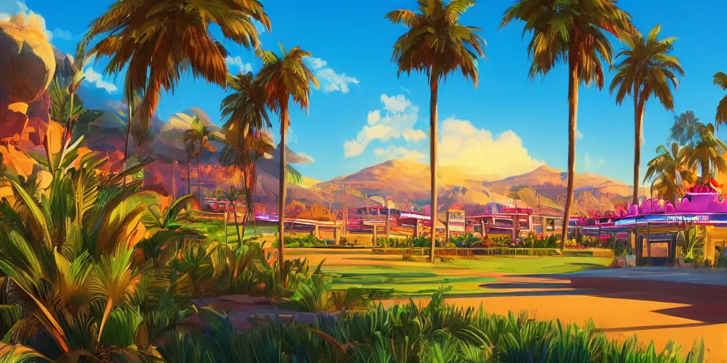 Prompt: a casino on a hill, 3 palmtrees, brightly illuminated by rays of sun, artstation, colorful sylvain sarrailh illustration