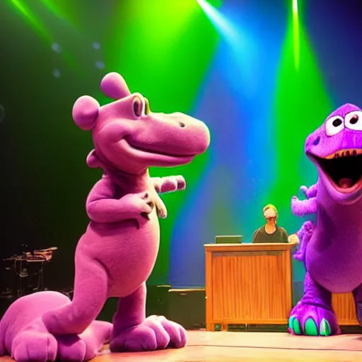 Image similar to Barney the Dinosaur from Barney and friends tv show leads a modern worship service, backlit, dramatic stage lighting, fog