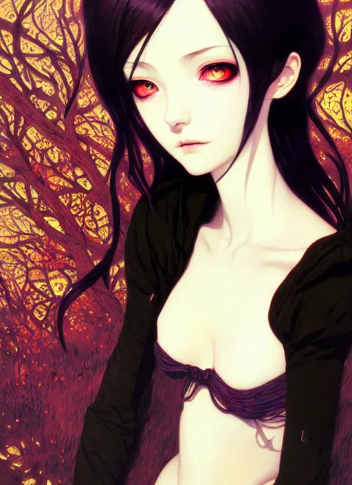 Image similar to portrait of beautiful gothic girl, cute face, intricate, highly detailed, digital painting, official media, anime key visual, concept art, rich vivid colors, ambient lighting, sharp focus, illustration, art by wlop and ilya kuvshinov and makoto shinkai and range murata and gustav klimt