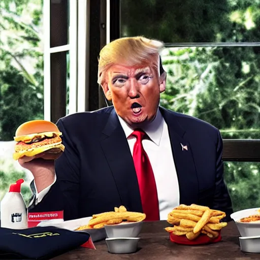 Image similar to Donald Trump eating McDonalds at a table, night vision, trail cam footage