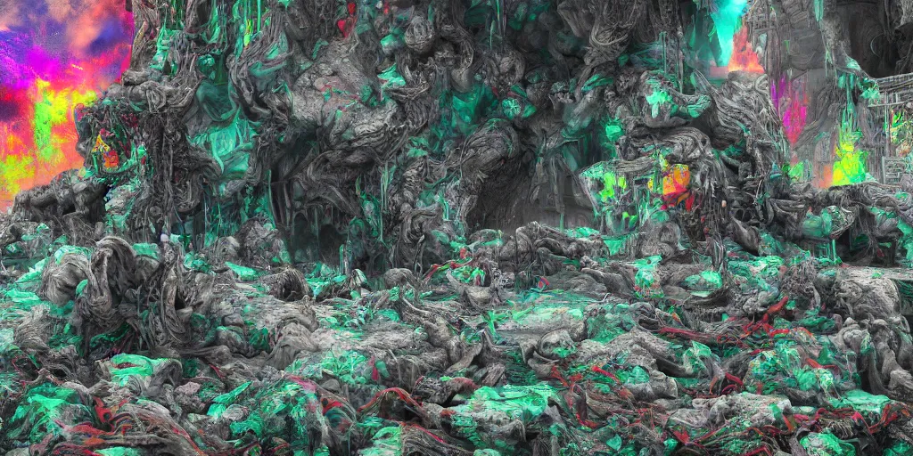 Image similar to ruination, outright devastation, landscape, intricate complexity, horror, rainbow drip paint, psychedelic glitch art, trending on art station, photoreal, 8k, octane render