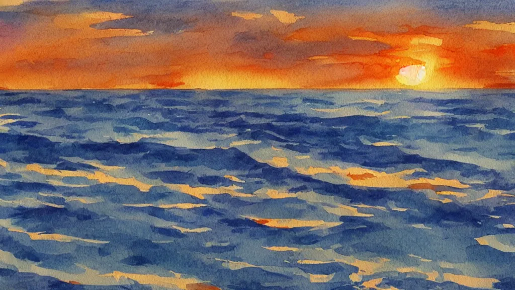 Prompt: A beautiful seascapeat sunset, watercolor painting