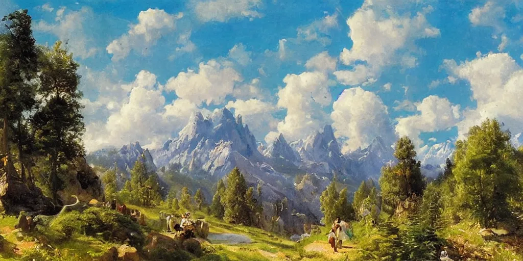 Prompt: disney illustrated background of a mountain valley with a blue sky and fluffy white clouds, grassy field by eugene von guerard, ivan shishkin, john singer sargent