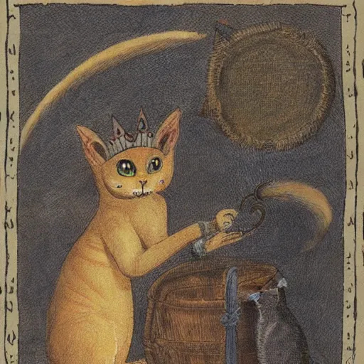 Image similar to a demon cat with a pitchfork in his paws and a crown looks at paradise, where cats circle round dances