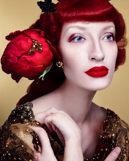 Prompt: Portrait of a European woman, close-up, high sharpness, zeiss lens, fashion photo shoot, peony flowers, red hair, red lipstick, in the background of gold, they have rhinestones on their face, Edward Buba, Annie Leibovitz, David Lazar, Jimmy Nelsson, Eiko Hosoe, artistic, hyper-realistic, beautiful face, octane rendering
